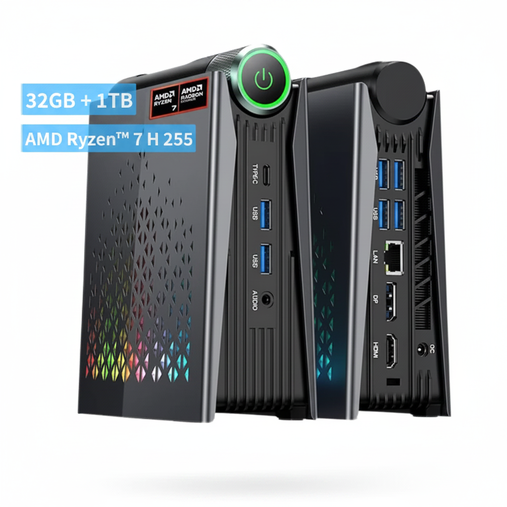 AMD Ryzen 7 255 32GB+1TB desktop mini PC shown from multiple angles on a white background, featuring a black chassis, blue USB ports, and RGB lighting accents.