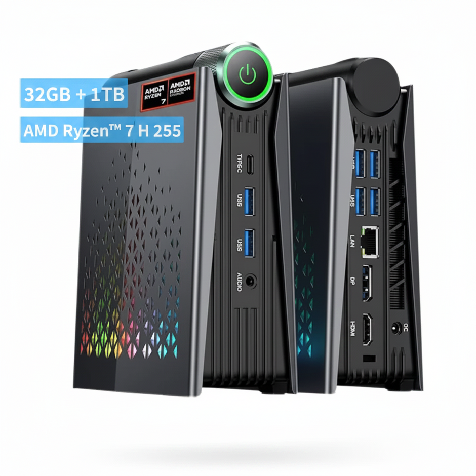 AMD Ryzen 7 255 32GB+1TB desktop mini PC shown from multiple angles on a white background, featuring a black chassis, blue USB ports, and RGB lighting accents.
