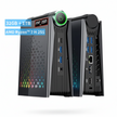 AMD Ryzen 7 255 32GB+1TB desktop mini PC shown from multiple angles on a white background, featuring a black chassis, blue USB ports, and RGB lighting accents.