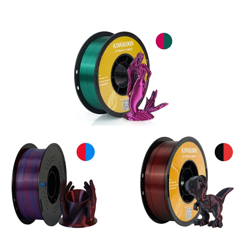 Dual-color Silk PLA Filament 1.75mm 2 Color Coextrusion Glossy 3D Printer Filament PLA, 3kg/pack 1kg each spool