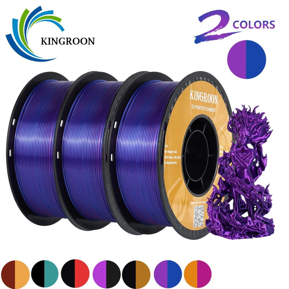 Dual-color Silk PLA Filament 1.75mm 2 Color Coextrusion Glossy 3D Printer Filament PLA, 3kg/pack 1kg each spool