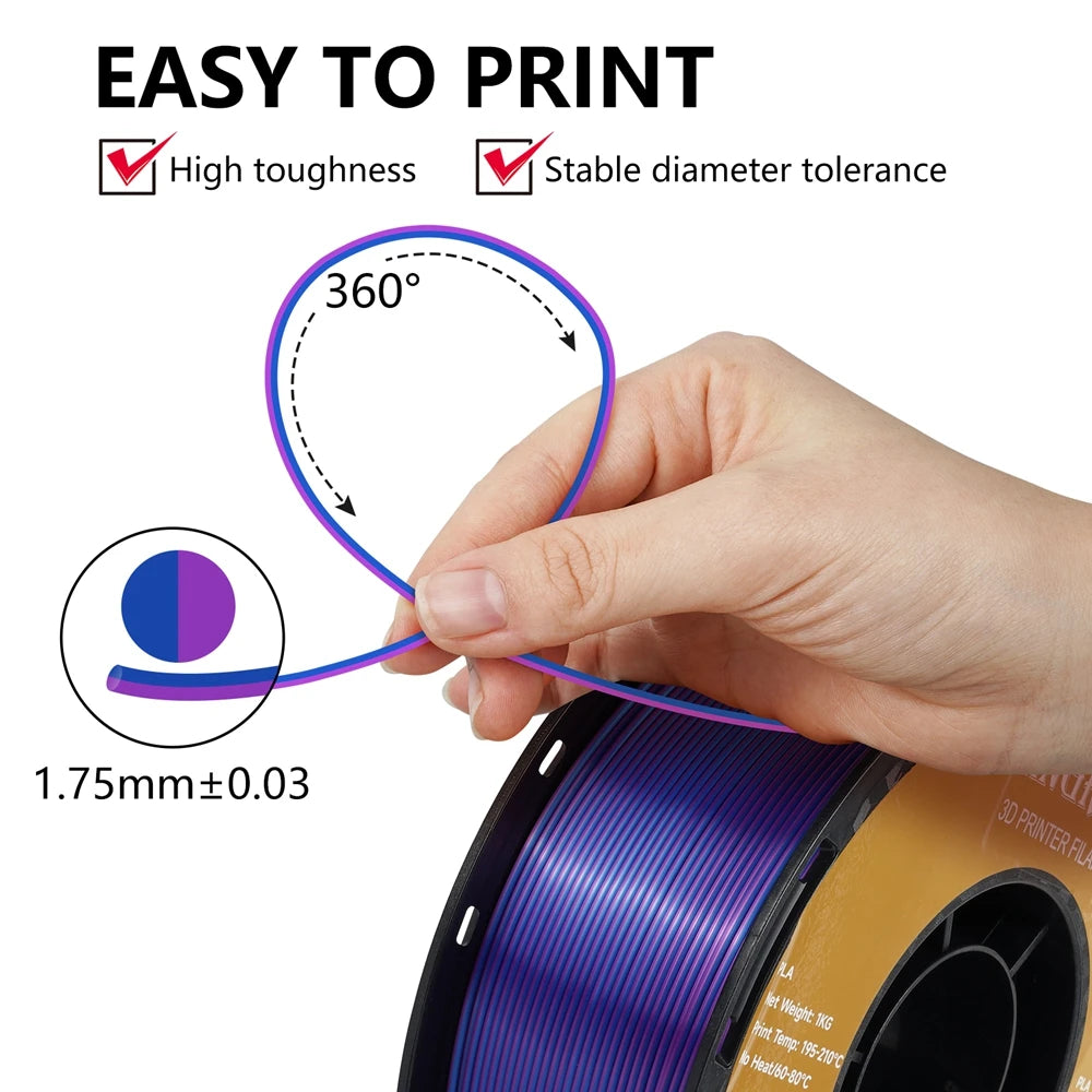 Dual-color Silk PLA Filament 1.75mm 2 Color Coextrusion Glossy 3D Printer Filament PLA, 3kg/pack 1kg each spool