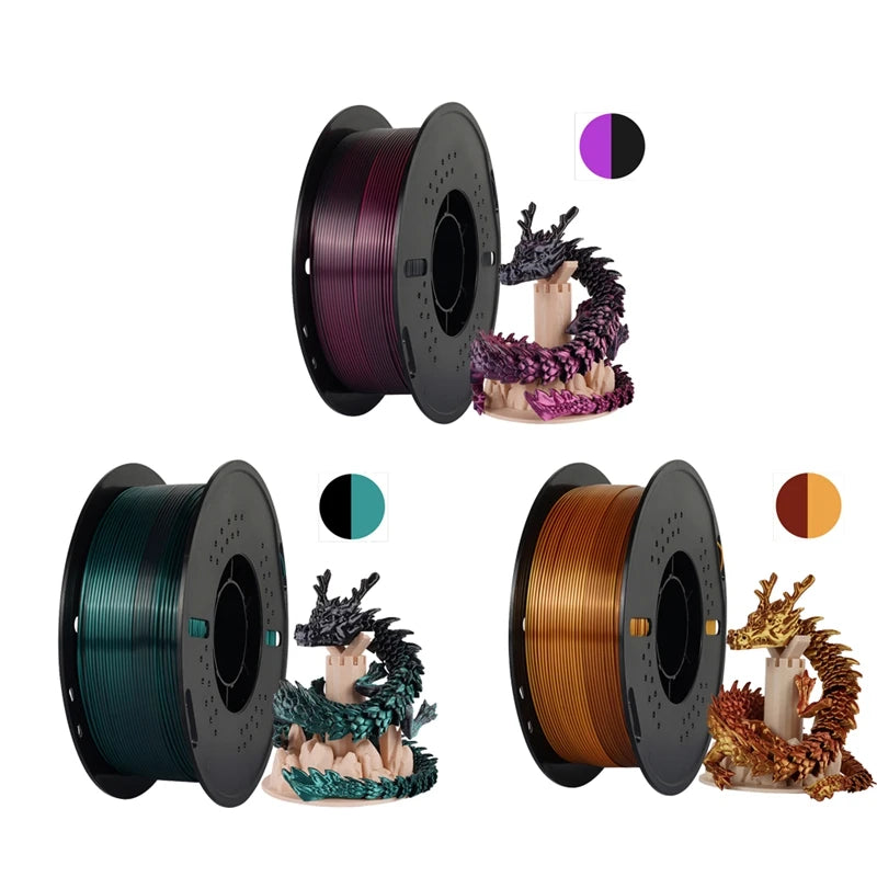 Dual-color Silk PLA Filament 1.75mm 2 Color Coextrusion Glossy 3D Printer Filament PLA, 3kg/pack 1kg each spool