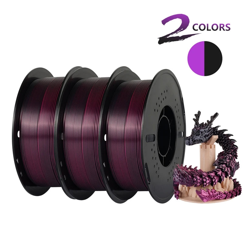Dual-color Silk PLA Filament 1.75mm 2 Color Coextrusion Glossy 3D Printer Filament PLA, 3kg/pack 1kg each spool