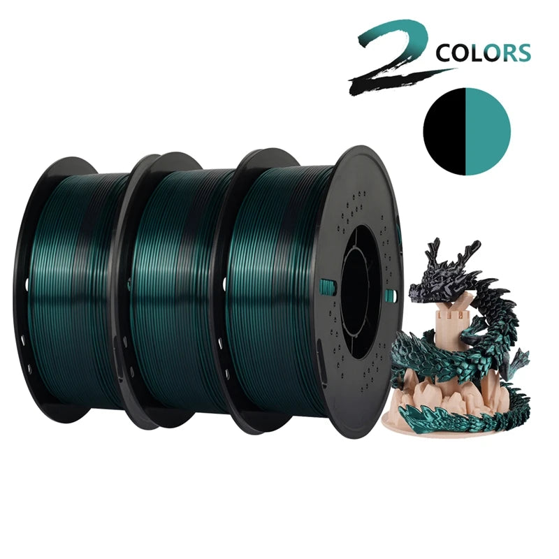 Dual-color Silk PLA Filament 1.75mm 2 Color Coextrusion Glossy 3D Printer Filament PLA, 3kg/pack 1kg each spool