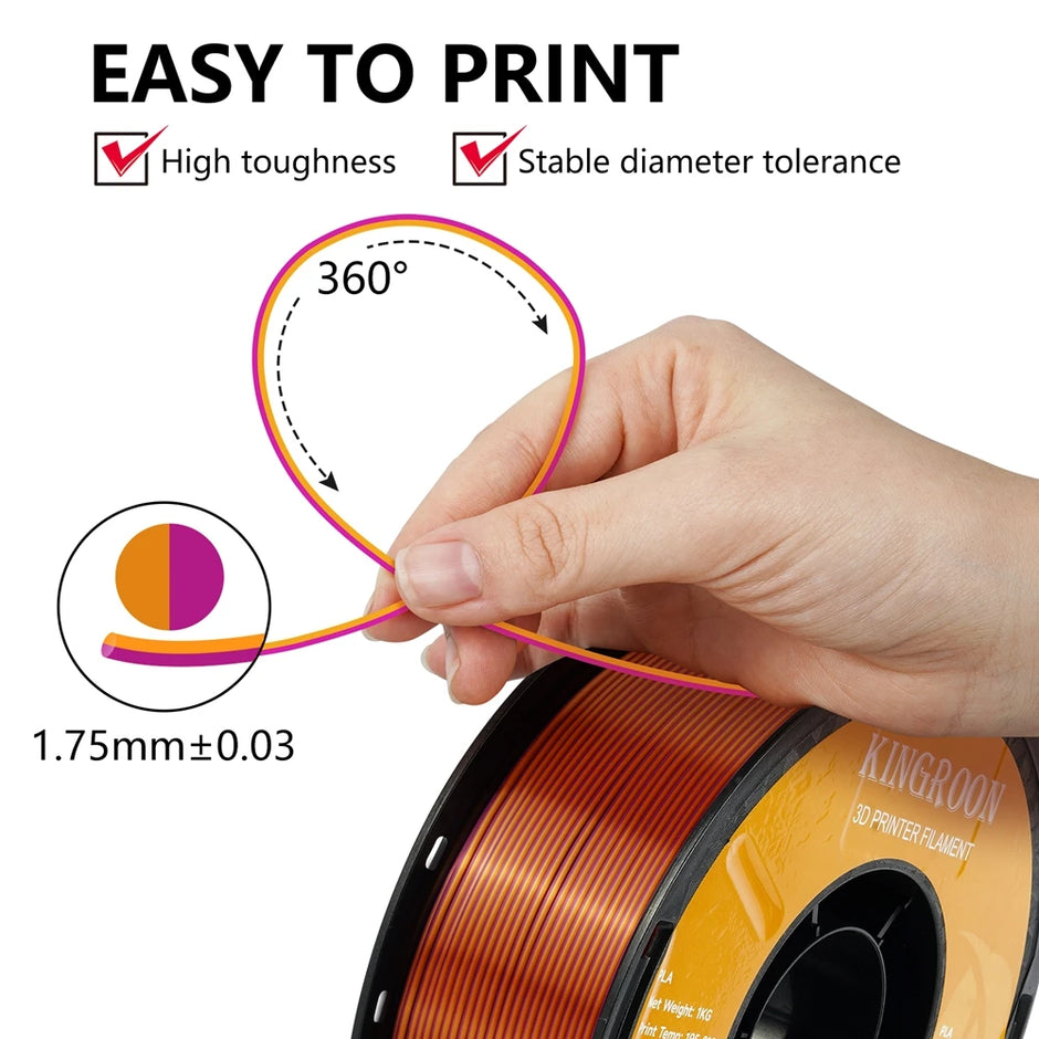 Dual-color Silk PLA Filament 1.75mm 2 Color Coextrusion Glossy 3D Printer Filament PLA, 3kg/pack 1kg each spool