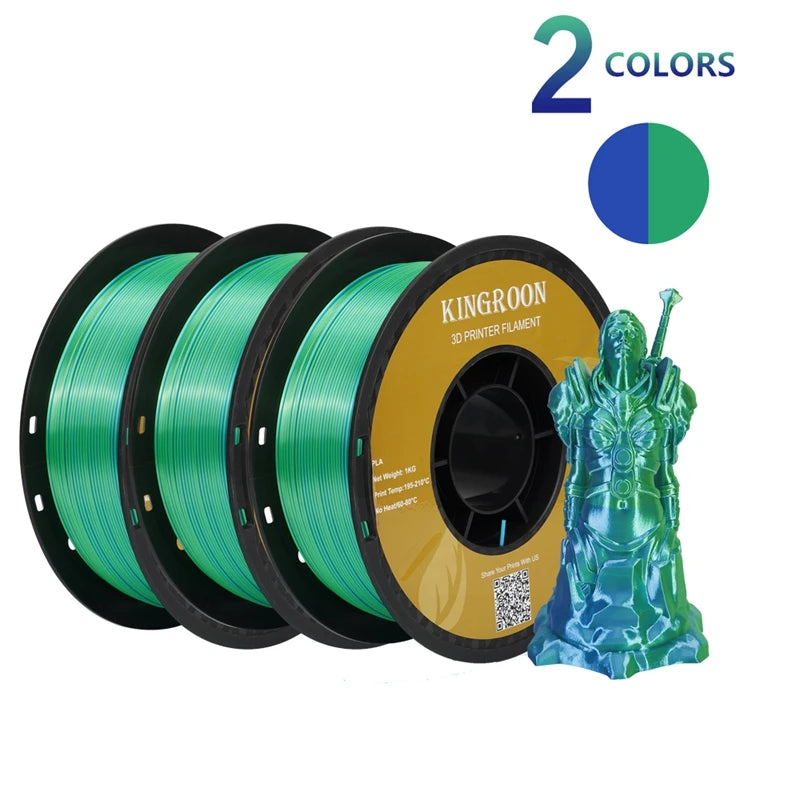 Dual-color Silk PLA Filament 1.75mm 2 Color Coextrusion Glossy 3D Printer Filament PLA, 3kg/pack 1kg each spool