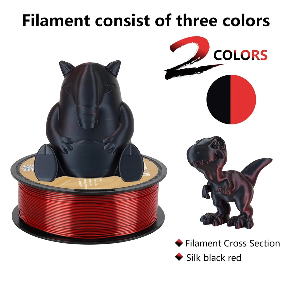 Dual-color Silk PLA Filament 1.75mm 2 Color Coextrusion Glossy 3D Printer Filament PLA, 3kg/pack 1kg each spool