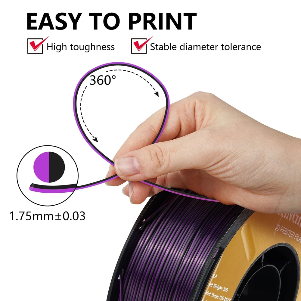 Dual-color Silk PLA Filament 1.75mm 2 Color Coextrusion Glossy 3D Printer Filament PLA, 3kg/pack 1kg each spool