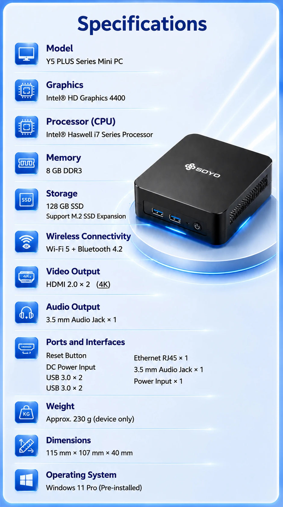 SOYO Intel Core i7 Mini PC | 8GB RAM Workstation Desktop