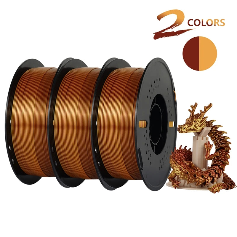 Dual-color Silk PLA Filament 1.75mm 2 Color Coextrusion Glossy 3D Printer Filament PLA, 3kg/pack 1kg each spool
