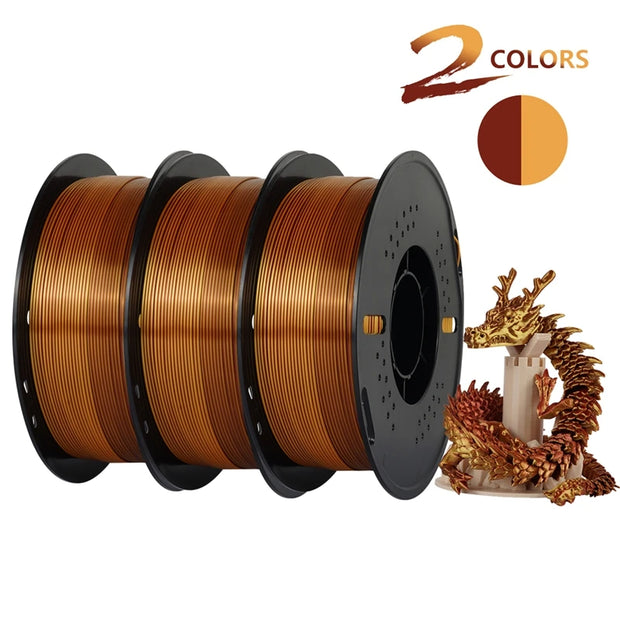 Dual-color Silk PLA Filament 1.75mm 2 Color Coextrusion Glossy 3D Printer Filament PLA, 3kg/pack 1kg each spool