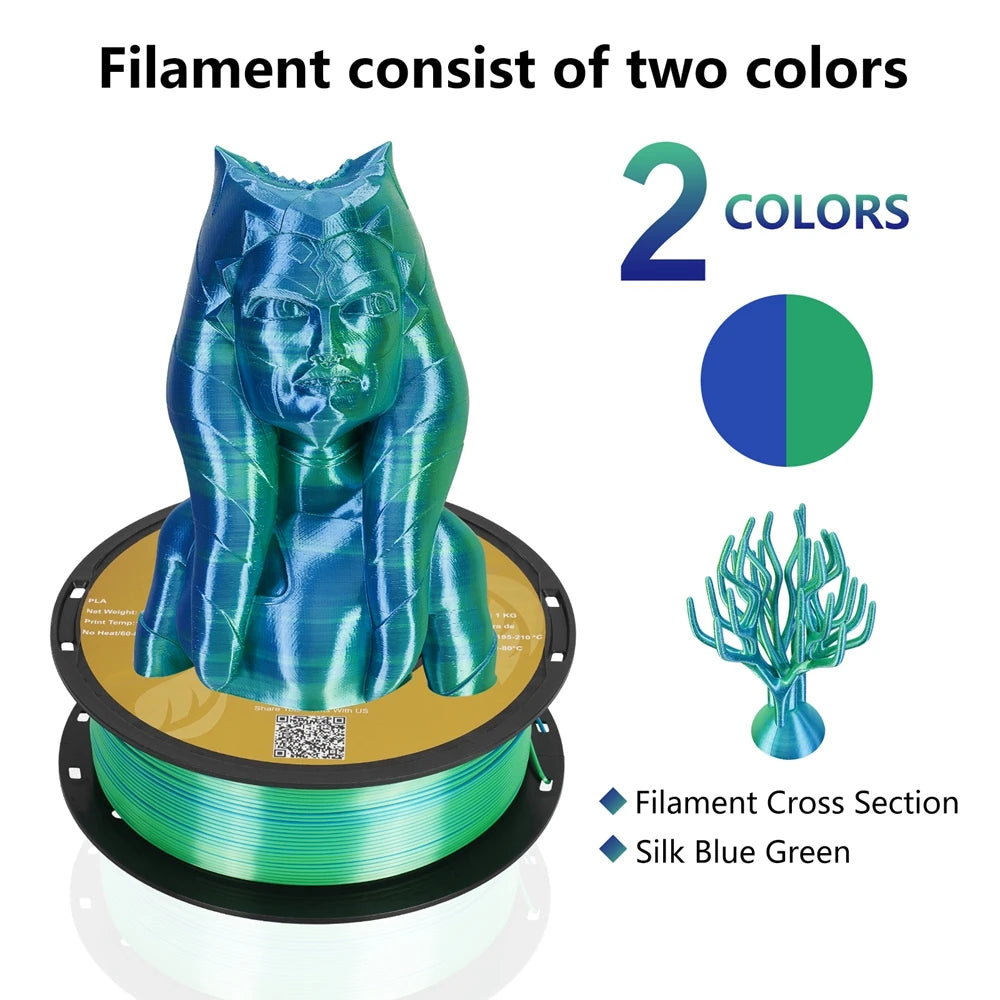 Dual-color Silk PLA Filament 1.75mm 2 Color Coextrusion Glossy 3D Printer Filament PLA, 3kg/pack 1kg each spool