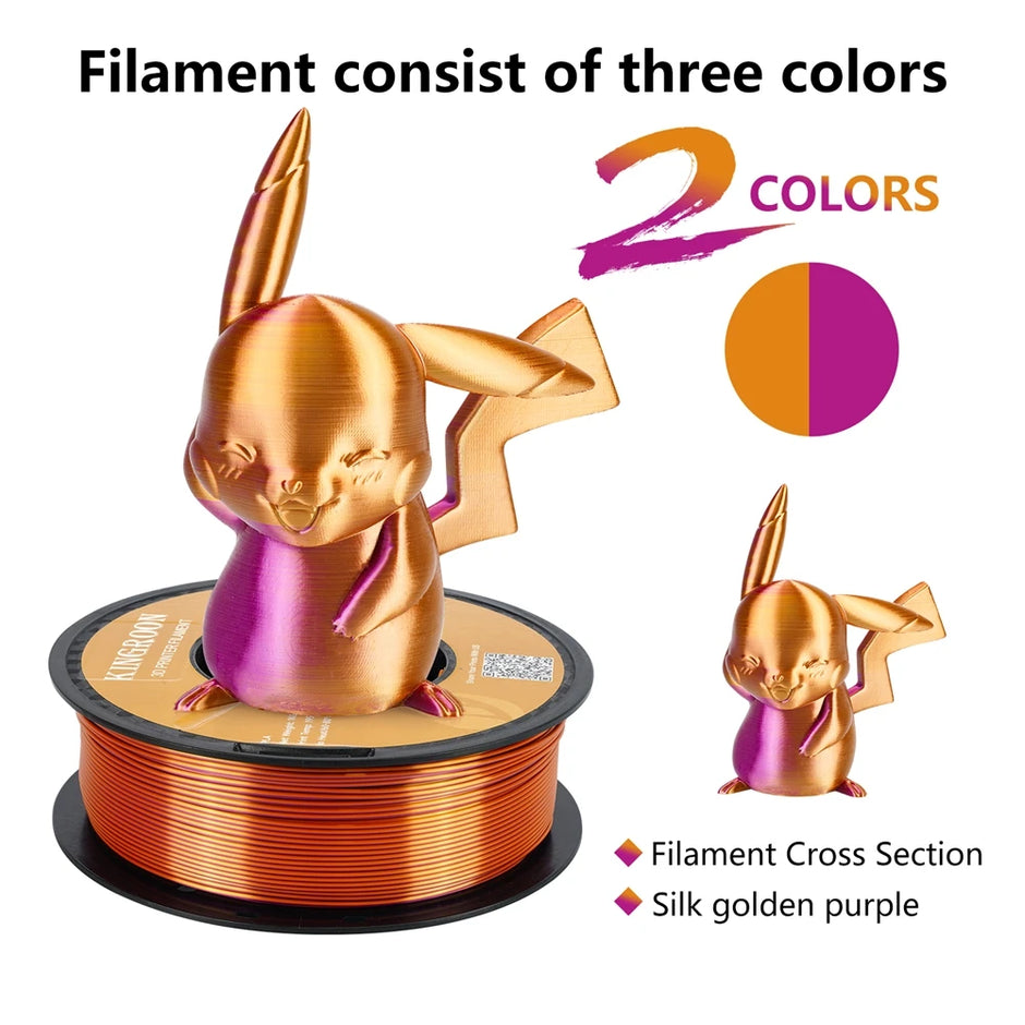 Dual-color Silk PLA Filament 1.75mm 2 Color Coextrusion Glossy 3D Printer Filament PLA, 3kg/pack 1kg each spool